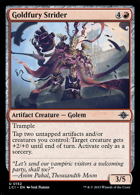 Trample
Tap two untapped artifacts and/or creatures you control: Target creature gets +2/+0 until end of turn. Activate only as a sorcery.