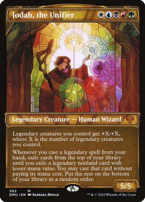 Legendary creatures you control get +X/+X, where X is the number of legendary creatures you control.
Whenever you cast a legendary spell from your hand, exile cards from the top of your library until you exile a legendary nonland card with lesser mana value. You may cast that card without paying its mana cost. Put the rest on the bottom of your library in a random order.