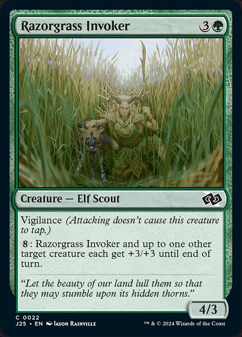 Vigilance (Attacking doesn't cause this creature to tap.)
{8}: Razorgrass Invoker and up to one other target creature each get +3/+3 until end of turn.