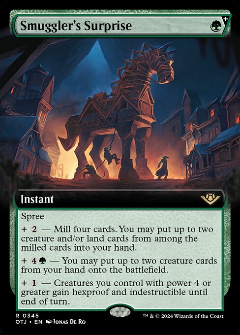 Spree (Choose one or more additional costs.)
+ {2} — Mill four cards. You may put up to two creature and/or land cards from among the milled cards into your hand.
+ {4}{G} — You may put up to two creature cards from your hand onto the battlefield.
+ {1} — Creatures you control with power 4 or greater gain hexproof and indestructible until end of turn.