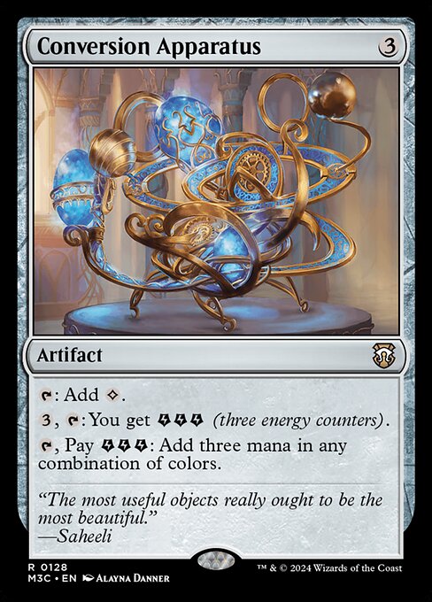 {T}: Add {C}.
{3}, {T}: You get {E}{E}{E} (three energy counters).
{T}, Pay {E}{E}{E}: Add three mana in any combination of colors.