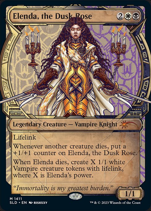 Lifelink
Whenever another creature dies, put a +1/+1 counter on Elenda.
When Elenda dies, create X 1/1 white Vampire creature tokens with lifelink, where X is Elenda's power.