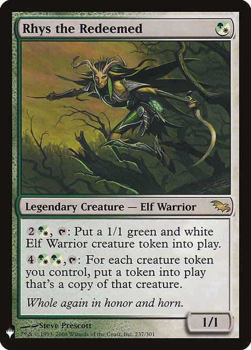 {2}{G/W}, {T}: Create a 1/1 green and white Elf Warrior creature token.
{4}{G/W}{G/W}, {T}: For each creature token you control, create a token that's a copy of that creature.