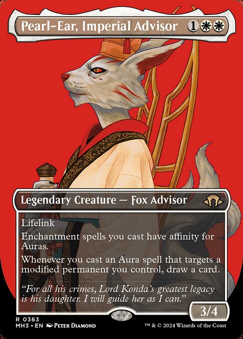 Lifelink
Enchantment spells you cast have affinity for Auras. (They cost {1} less to cast for each Aura you control.)
Whenever you cast an Aura spell that targets a modified permanent you control, draw a card. (Equipment, Auras you control, and counters are modifications.)