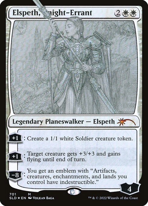 +1: Create a 1/1 white Soldier creature token.
+1: Target creature gets +3/+3 and gains flying until end of turn.
−8: You get an emblem with "Artifacts, creatures, enchantments, and lands you control have indestructible."
