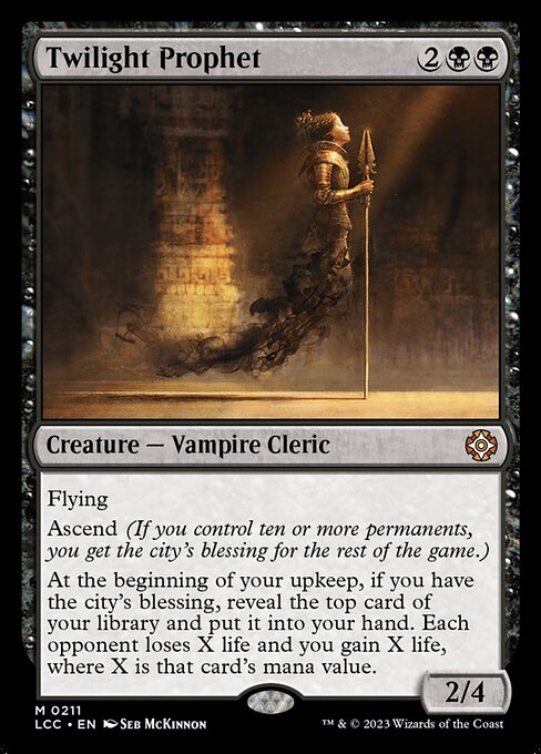 Flying
Ascend (If you control ten or more permanents, you get the city's blessing for the rest of the game.)
At the beginning of your upkeep, if you have the city's blessing, reveal the top card of your library and put it into your hand. Each opponent loses X life and you gain X life, where X is that card's mana value.