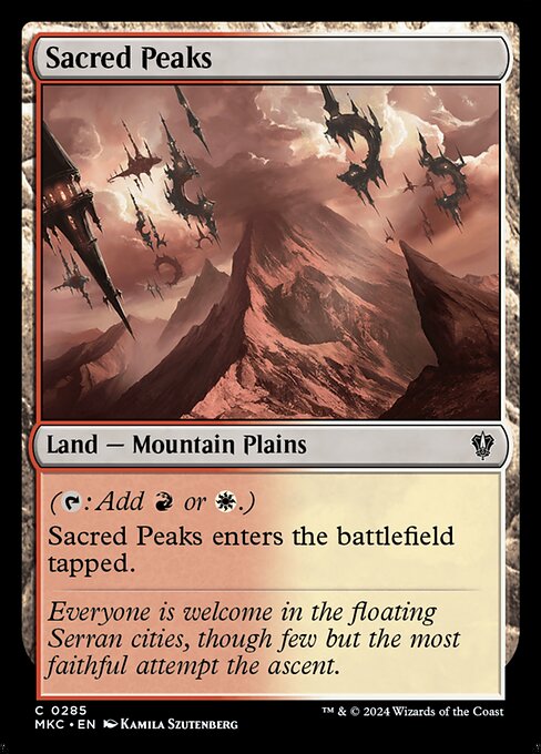 ({T}: Add {R} or {W}.)
Sacred Peaks enters the battlefield tapped.