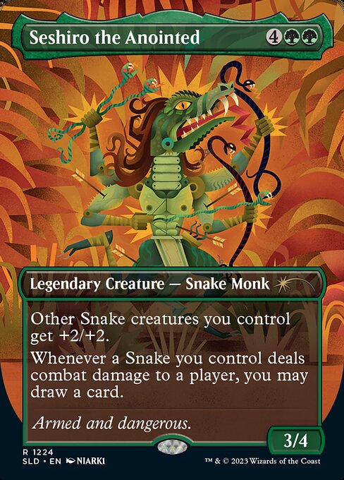 Other Snake creatures you control get +2/+2.
Whenever a Snake you control deals combat damage to a player, you may draw a card.