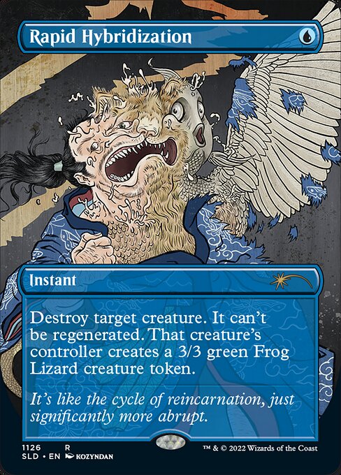 Destroy target creature. It can't be regenerated. That creature's controller creates a 3/3 green Frog Lizard creature token.