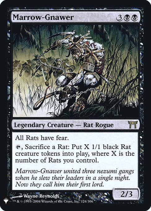 All Rats have fear.
{T}, Sacrifice a Rat: Create X 1/1 black Rat creature tokens, where X is the number of Rats you control.