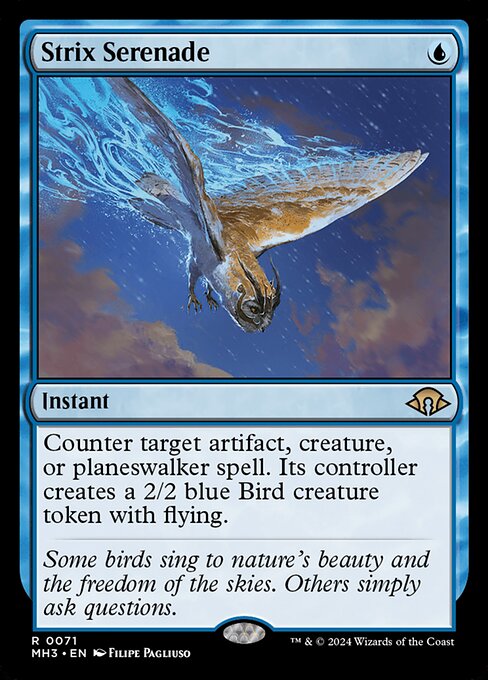 Counter target artifact, creature, or planeswalker spell. Its controller creates a 2/2 blue Bird creature token with flying.