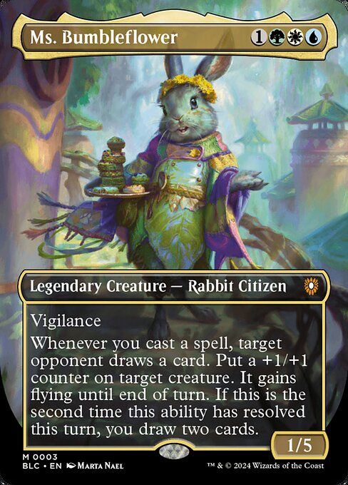 Vigilance
Whenever you cast a spell, target opponent draws a card. Put a +1/+1 counter on target creature. It gains flying until end of turn. If this is the second time this ability has resolved this turn, you draw two cards.