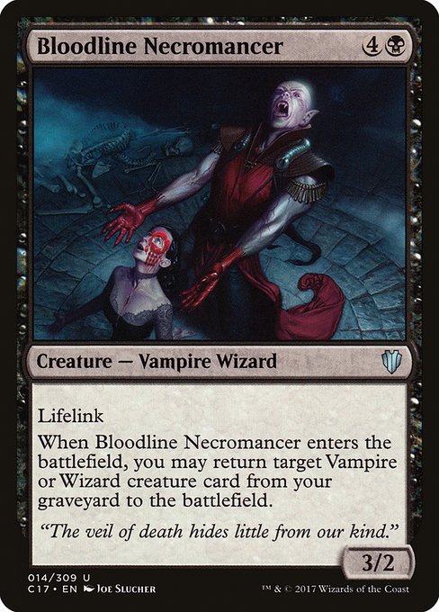 Lifelink
When Bloodline Necromancer enters the battlefield, you may return target Vampire or Wizard creature card from your graveyard to the battlefield.