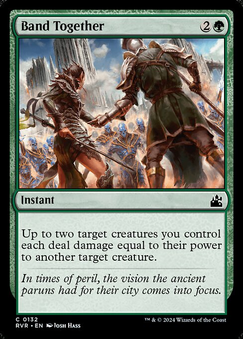 Up to two target creatures you control each deal damage equal to their power to another target creature.