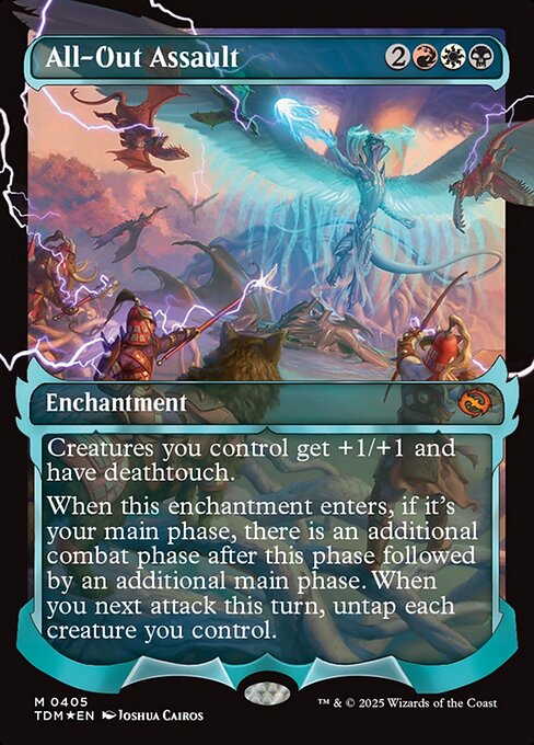 Creatures you control get +1/+1 and have deathtouch.
When this enchantment enters, if it's your main phase, there is an additional combat phase after this phase followed by an additional main phase. When you next attack this turn, untap each creature you control.