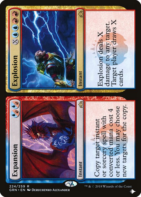 Copy target instant or sorcery spell with mana value 4 or less. You may choose new targets for the copy.   Explosion deals X damage to any target. Target player draws X cards.