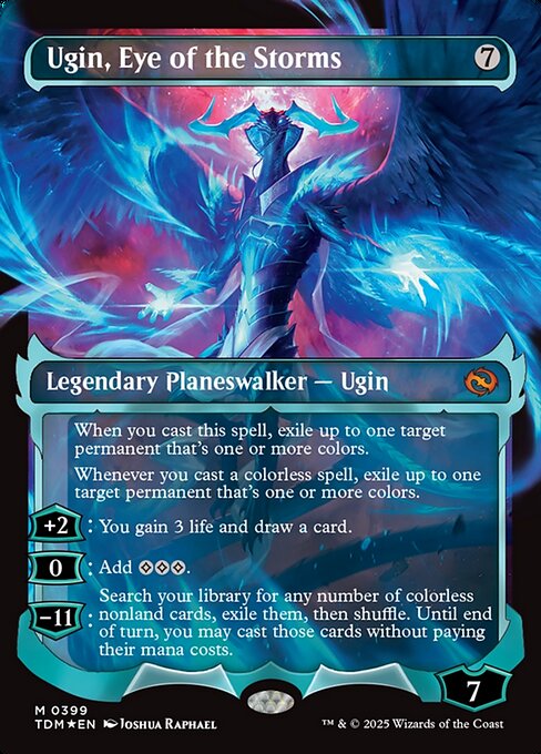 When you cast this spell, exile up to one target permanent that's one or more colors.
Whenever you cast a colorless spell, exile up to one target permanent that's one or more colors.
+2: You gain 3 life and draw a card.
0: Add {C}{C}{C}.
−11: Search your library for any number of colorless nonland cards, exile them, then shuffle. Until end of turn, you may cast those cards without paying their mana costs.