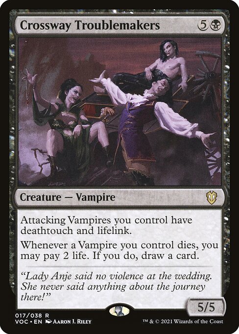 Attacking Vampires you control have deathtouch and lifelink.
Whenever a Vampire you control dies, you may pay 2 life. If you do, draw a card.