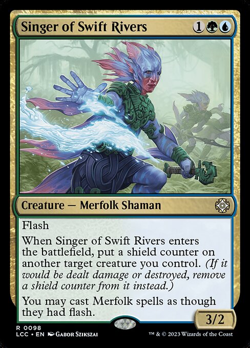 Flash
When this creature enters, put a shield counter on another target creature you control. (If it would be dealt damage or destroyed, remove a shield counter from it instead.)
You may cast Merfolk spells as though they had flash.