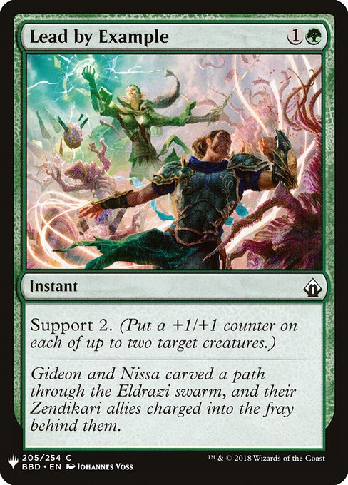Support 2. (Put a +1/+1 counter on each of up to two target creatures.)