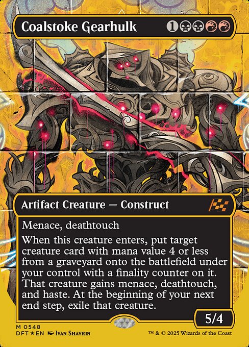 Menace, deathtouch
When this creature enters, put target creature card with mana value 4 or less from a graveyard onto the battlefield under your control with a finality counter on it. That creature gains menace, deathtouch, and haste. At the beginnning of your next end step, exile that creature.