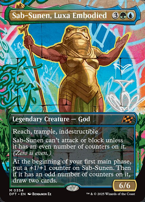 Reach, trample, indestructible
Sab-Sunen can't attack or block unless it has an even number of counters on it. (Zero is even.)
At the beginning of your first main phase, put a +1/+1 counter on Sab-Sunen. Then if it has an odd number of counters on it, draw two cards.