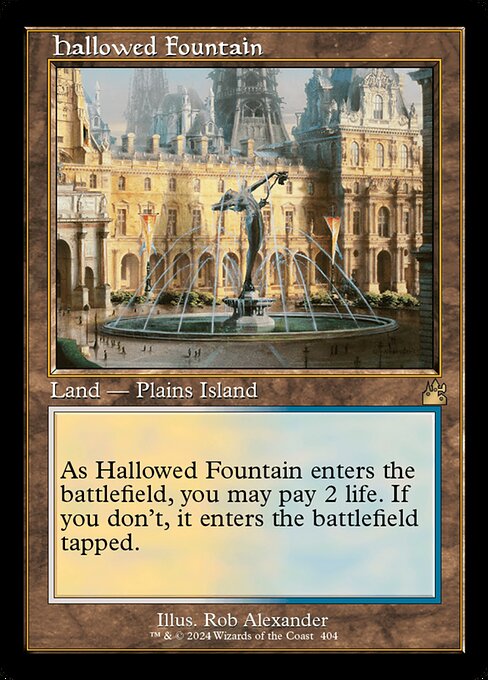 ({T}: Add {W} or {U}.)
As Hallowed Fountain enters the battlefield, you may pay 2 life. If you don't, it enters the battlefield tapped.