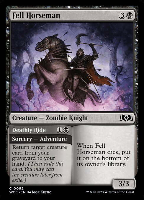 When Fell Horseman dies, put it on the bottom of its owner's library.   Return target creature card from your graveyard to your hand. (Then exile this card. You may cast the creature later from exile.)