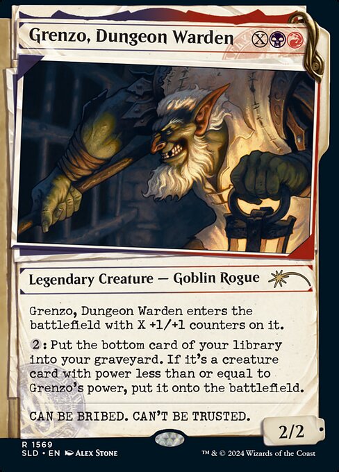 Grenzo, Dungeon Warden enters the battlefield with X +1/+1 counters on it.
{2}: Put the bottom card of your library into your graveyard. If it's a creature card with power less than or equal to Grenzo's power, put it onto the battlefield.