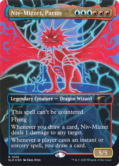 This spell can't be countered.
Flying
Whenever you draw a card, Niv-Mizzet deals 1 damage to any target.
Whenever a player casts an instant or sorcery spell, you draw a card.