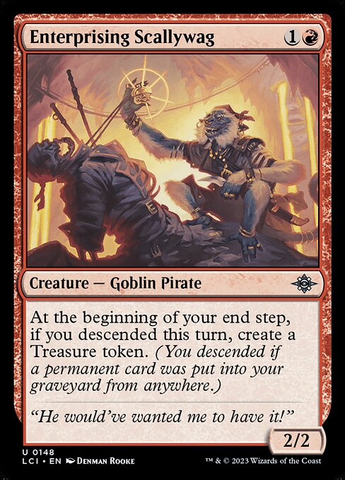 At the beginning of your end step, if you descended this turn, create a Treasure token. (You descended if a permanent card was put into your graveyard from anywhere.)