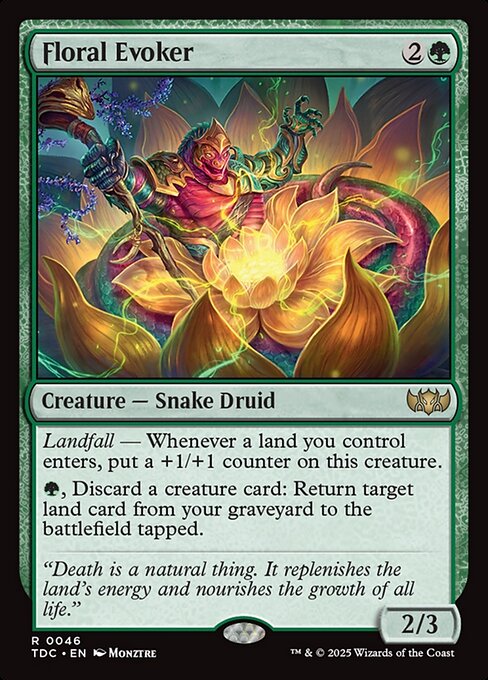Landfall — Whenever a land you control enters, put a+1/+1 counter on this creature.
{G}, Discard a creature card: Return target land card from your graveyard to the battlefield tapped.