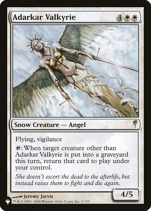 Flying, vigilance
{T}: When target creature other than Adarkar Valkyrie dies this turn, return that card to the battlefield under your control.