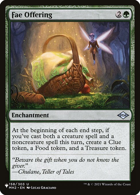 At the beginning of each end step, if you've cast both a creature spell and a noncreature spell this turn, create a Clue token, a Food token, and a Treasure token.