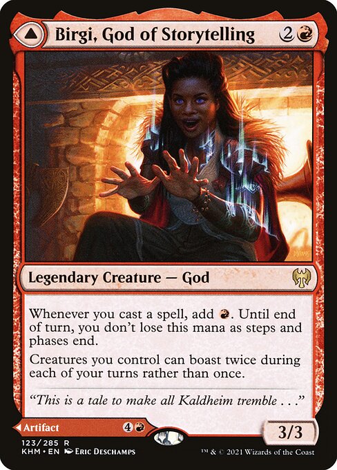 Whenever you cast a spell, add {R}. Until end of turn, you don't lose this mana as steps and phases end.
Creatures you control can boast twice during each of your turns rather than once.   Discard a card: Exile the top two cards of your library. You may play those cards this turn.