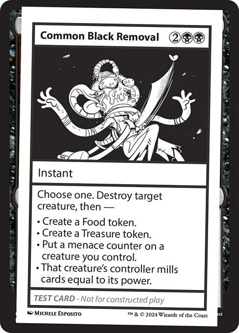 Choose one. Destroy target creature, then —
• Create a Food token.
• Create a Treasure token.
• Put a menace counter on a creature you control.
• That creature's controller mills cards equal to its power.