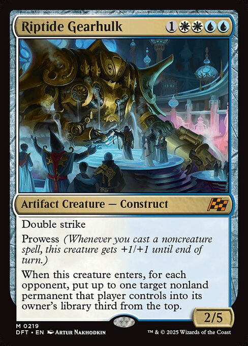 Double strike
Prowess (Whenever you cast a noncreature spell, this creature gets +1/+1 until end of turn.)
When this creature enters, for each opponent, put up to one target nonland permanent that player controls into its owner's library third from the top.