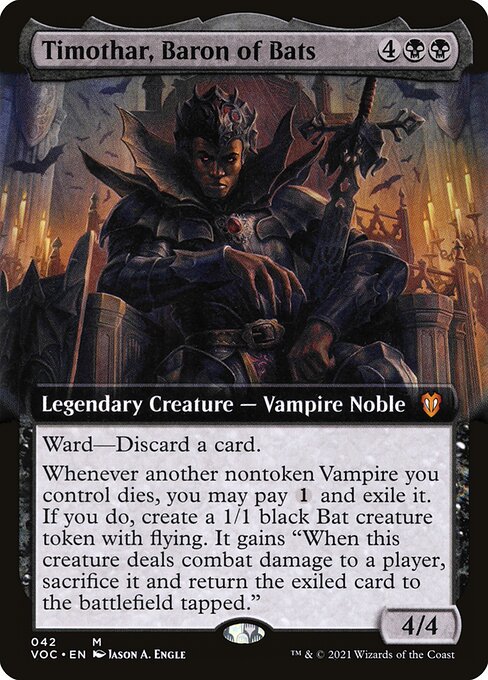Ward—Discard a card.
Whenever another nontoken Vampire you control dies, you may pay {1} and exile it. If you do, create a 1/1 black Bat creature token with flying. It gains "When this creature deals combat damage to a player, sacrifice it and return the exiled card to the battlefield tapped."
