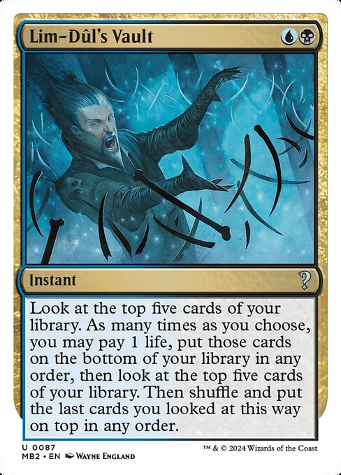Look at the top five cards of your library. As many times as you choose, you may pay 1 life, put those cards on the bottom of your library in any order, then look at the top five cards of your library. Then shuffle and put the last cards you looked at this way on top in any order.