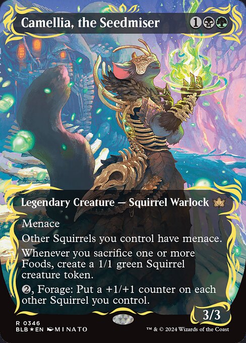 Menace
Other Squirrels you control have menace.
Whenever you sacrifice one or more Foods, create a 1/1 green Squirrel creature token.
{2}, Forage: Put a +1/+1 counter on each other Squirrel you control. (To forage, exile three cards from your graveyard or sacrifice a Food.)
