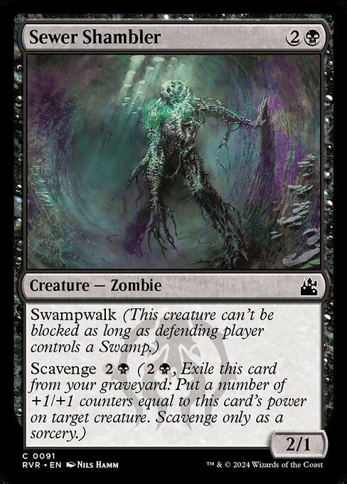 Swampwalk (This creature can't be blocked as long as defending player controls a Swamp.)
Scavenge {2}{B} ({2}{B}, Exile this card from your graveyard: Put a number of +1/+1 counters equal to this card's power on target creature. Scavenge only as a sorcery.)