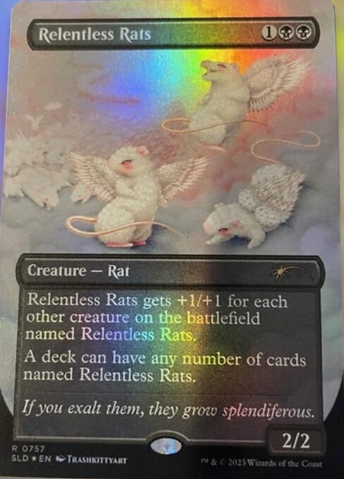 Relentless Rats gets +1/+1 for each other creature on the battlefield named Relentless Rats.
A deck can have any number of cards named Relentless Rats.