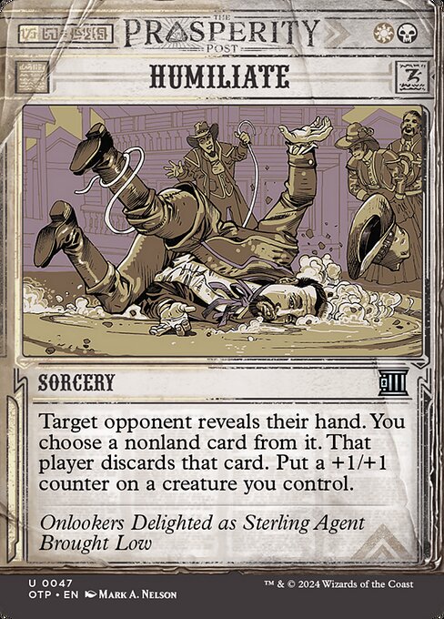 Target opponent reveals their hand. You choose a nonland card from it. That player discards that card. Put a +1/+1 counter on a creature you control.