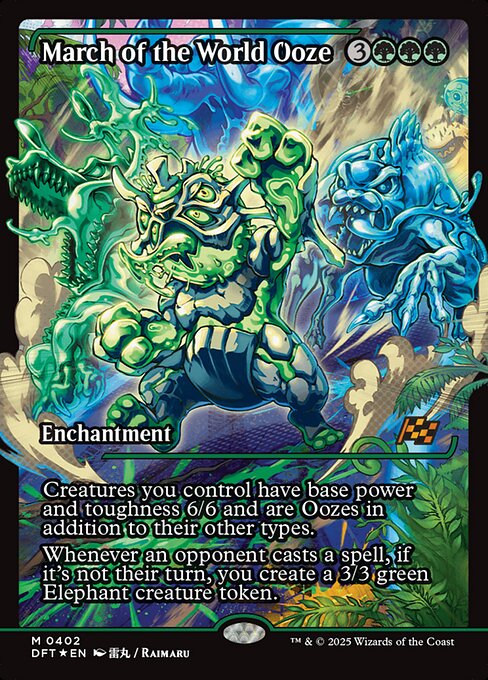Creatures you control have base power and toughness 6/6 and are Oozes in addition to their other types.
Whenever an opponent casts a spell, if it's not their turn, you create a 3/3 green Elephant creature token.