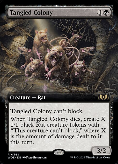 Tangled Colony can't block.
When Tangled Colony dies, create X 1/1 black Rat creature tokens with "This creature can't block," where X is the amount of damage dealt to it this turn.