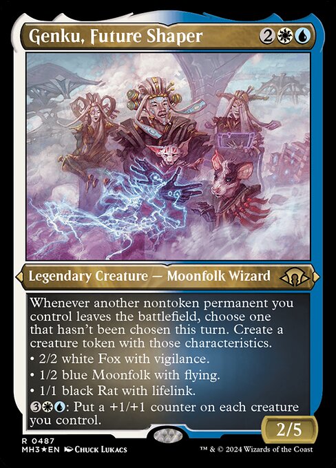 Whenever another nontoken permanent you control leaves the battlefield, choose one that hasn't been chosen this turn. Create a creature token with those characteristics.
• 2/2 white Fox with vigilance.
• 1/2 blue Moonfolk with flying.
• 1/1 black Rat with lifelink.
{3}{W}{U}: Put a +1/+1 counter on each creature you control.