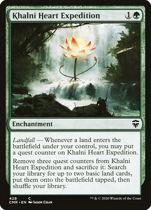 Landfall — Whenever a land enters the battlefield under your control, you may put a quest counter on Khalni Heart Expedition.
Remove three quest counters from Khalni Heart Expedition and sacrifice it: Search your library for up to two basic land cards, put them onto the battlefield tapped, then shuffle.