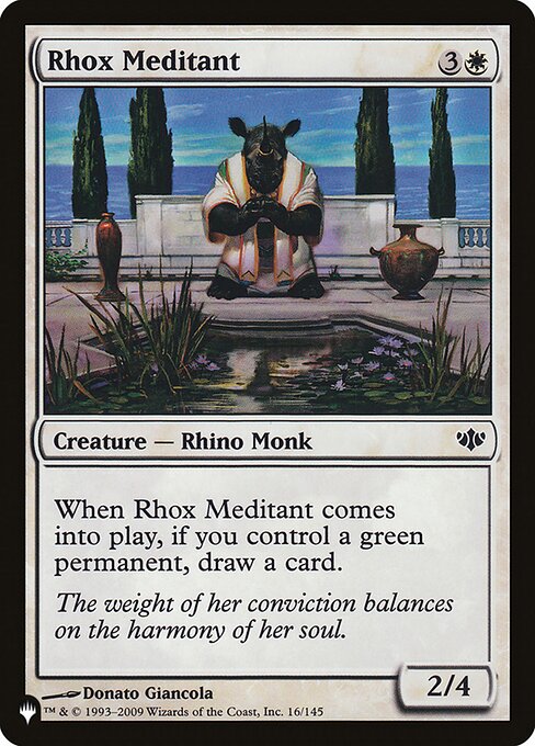 When Rhox Meditant enters, if you control a green permanent, draw a card.