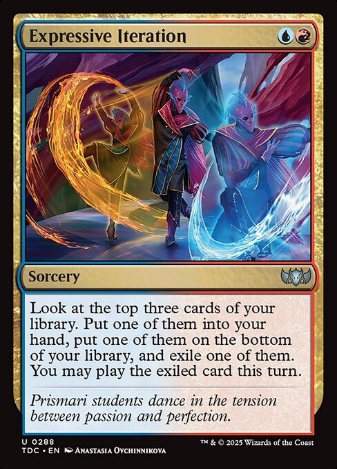 Look at the top three cards of your library. Put one of them into your hand, put one of them on the bottom of your library, and exile one of them. You may play the exiled card this turn.