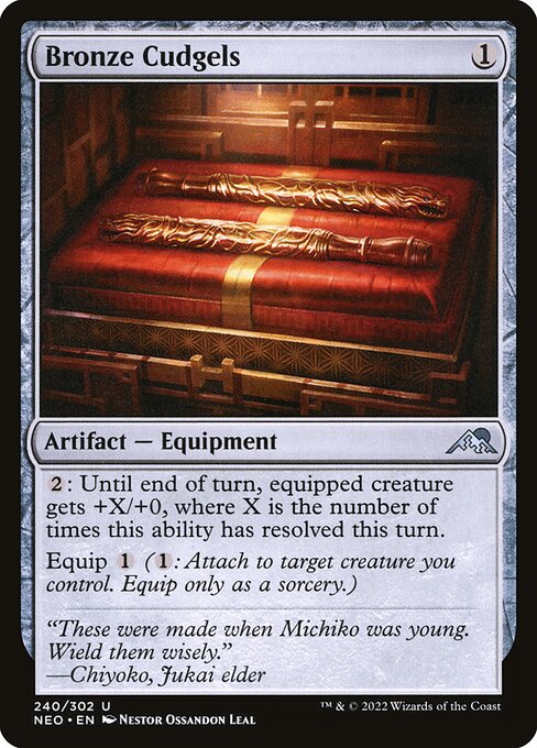 {2}: Until end of turn, equipped creature gets +X/+0, where X is the number of times this ability has resolved this turn.
Equip {1} ({1}: Attach to target creature you control. Equip only as a sorcery.)